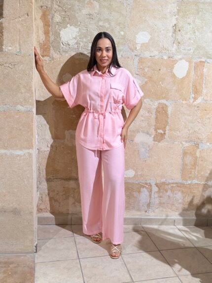 CONJUNTO PANTALON FLUIDO Y CAMISA ROSA