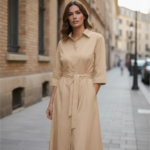 VESTIDO MEDIA MANGA MIDI CON  CINTURON Y BOLSILLOS